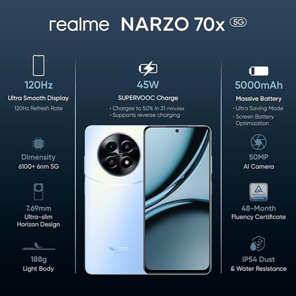 realme NARZO 70x 5G (Forest Green, 6GB RAM,128GB Storage| 120Hz Ultra Smooth Display | Dimensity 6100+ 6nm 5G | 50MP AI Camera | 45W Charger in The Box