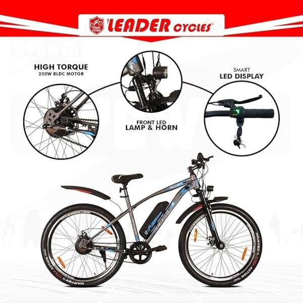 Leader E-Power L6 27.5T Electric Cycle with Front Suspension Front LED Light and Horn (Li-Ion Removable Battery, 250W BLDC Motor)| 1 Year Warranty on Battery & Motor (Grey)