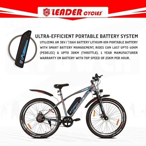 Leader E-Power L6 27.5T Electric Cycle with Front Suspension Front LED Light and Horn (Li-Ion Removable Battery, 250W BLDC Motor)| 1 Year Warranty on Battery & Motor (Grey)