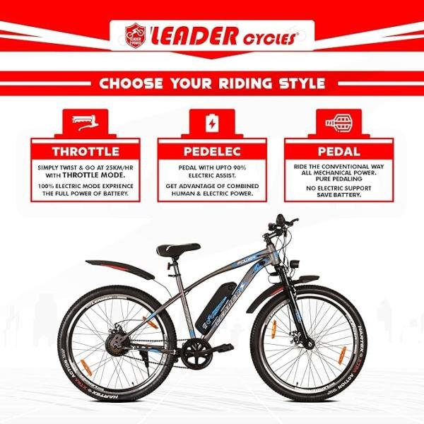 Leader E-Power L6 27.5T Electric Cycle with Front Suspension Front LED Light and Horn (Li-Ion Removable Battery, 250W BLDC Motor)| 1 Year Warranty on Battery & Motor (Grey)